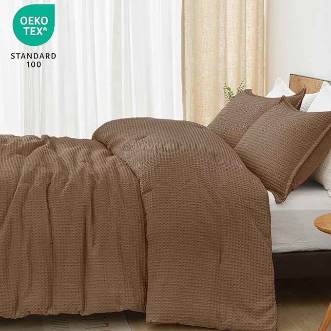 PHF Ultra Soft Waffle Weave Comforter Set King Size, 3 Pieces Lightweight Breathable Comfy Bedding Set, Comfy Textured 1 Comforter with 2 Pillow Shams, Mocha