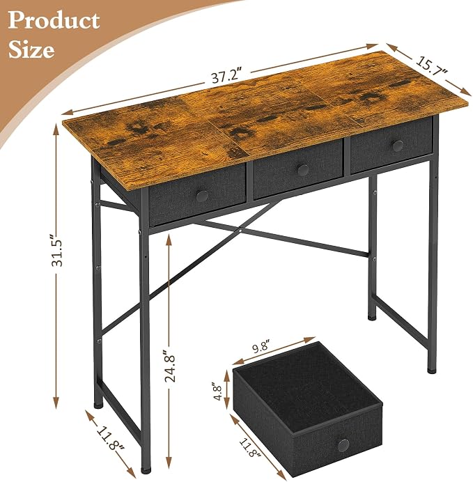 Small Writing Desk with 3 Drawers for Bedroom, 37.2 Inch Computer Desk for Small Spaces, Simple Desk with Drawers for Kids Bedroom, Home Office, Dorm, Living Room, Home Study Table, Rustic Brown