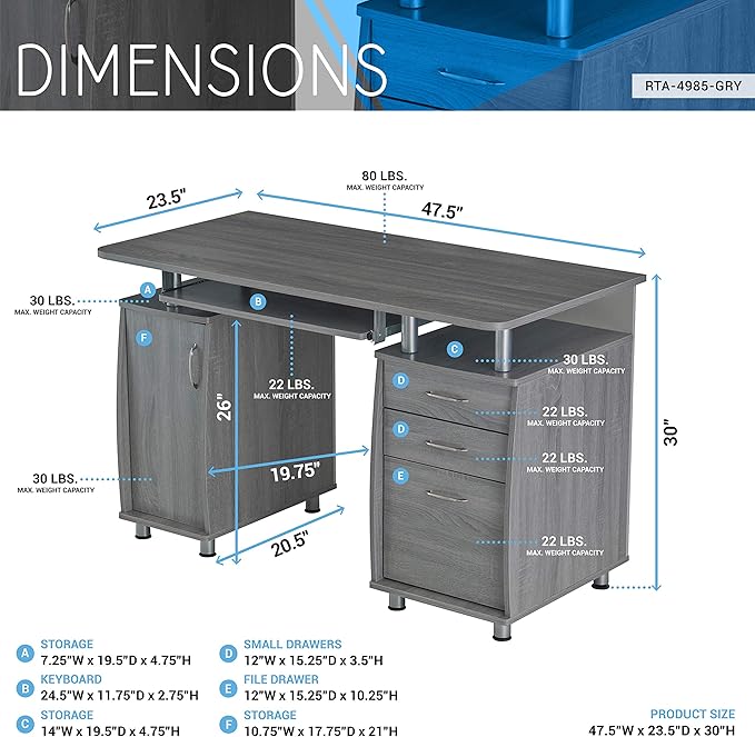 Techni Mobili 48'' W Computer Desk with File Cabinet and Drawers, Storage Cabinet with Removable Shelf and Ventilation for CPU, Home Office Desk or Computer Workstation with Keyboard Tray, Grey