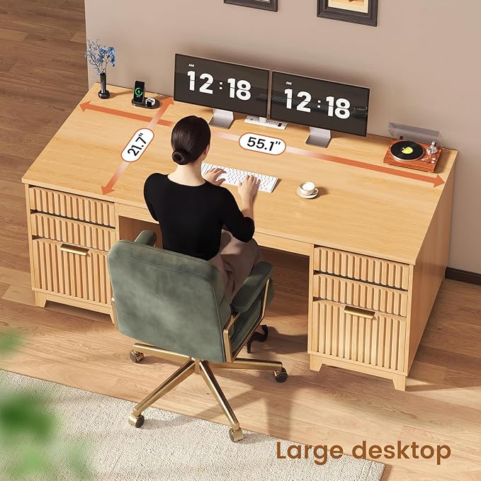 SEDETA 55.1" Fluted Office Desk with 6 Drawers, Modern Executive Desk with Acrylic File Drawers, Computer Desk with Power outlets for Home Office and Study, Natural
