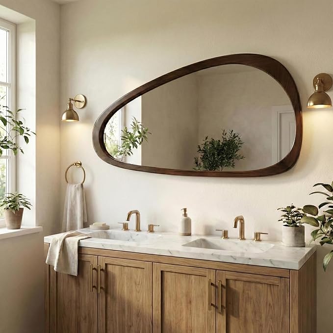 Irregular Asymmetrical Wall Mirror 48"×24" with Solid Wood Frame, Sculptural Mid-Century Modern Decorative Full-Length Wall Mirror for Living Room, Entryway & Bedroom