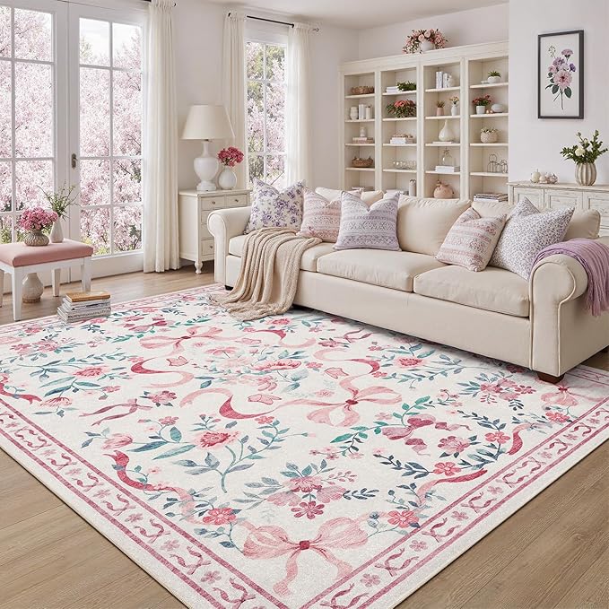 DCX Washable 9x12 Bow Rug, Pink Floral Rug for Girls’ Bedroom, Cute Soft Low Pile Indoor Décor Carpet, Kid & Pet Friendly Nursery Rug for Living Room, Dorm, Playroom