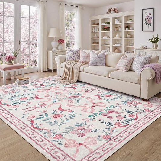 DCX Washable 8x10 Bow Rug, Pink Floral Rug for Girls’ Bedroom, Cute Soft Low Pile Indoor Décor Carpet, Kid & Pet Friendly Nursery Rug for Living Room, Dorm, Playroom