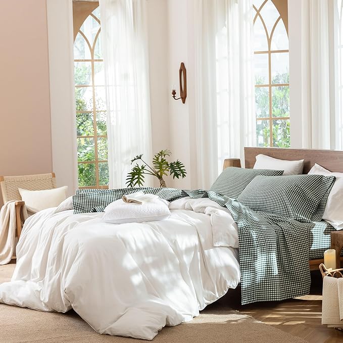 MooMee Gingham Sheet Set 100% Washed Cotton Linen Like Textured Breathable Soft w/Fully Elasticized 16-19" Deep Pocket (Mini Gingham Forest Green, Queen)