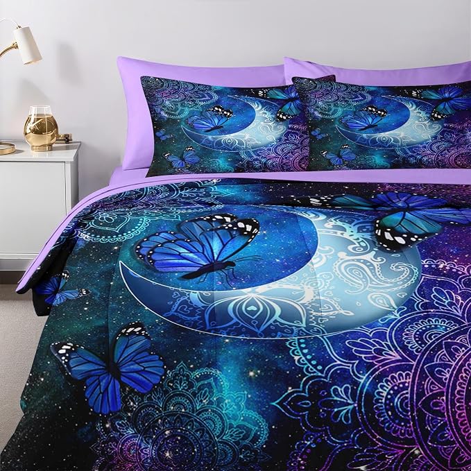 Nesker 7 Pcs Comforter Set Queen Size, Dream Butterflies Floral Bedding Set for Kids and Adults, Fantasy Starry Moon Bed Sheet Sets with Fitted Sheet 2 Pillowcases & 2 Shams