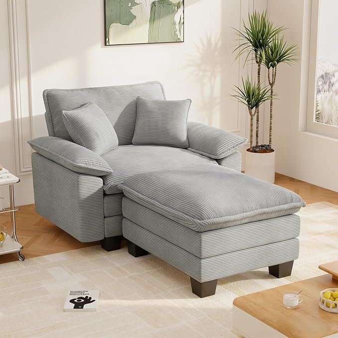 Chaise Lounge Chair Indoor, Oversized Accent Chairs with Ottoman, Luxury Corduroy Upholstered Deep Seat Sleeper Sofa Reading Chairs and A Half with Pillows for Living Room, Bedroom, Apartment, Grey