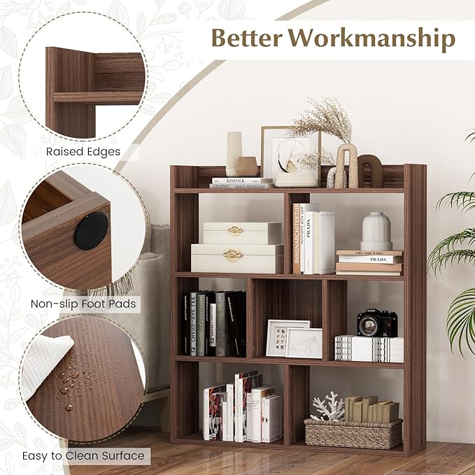 Giantex 7 Cube Bookshelf of 2, Free-Standing Wooden Bookcase, 4 Tier Home Display Shelf, Horizontal Storage Unit w/Anti-Toppling Devices, Open-Back Display Rack for Study, Living Room, Walnut