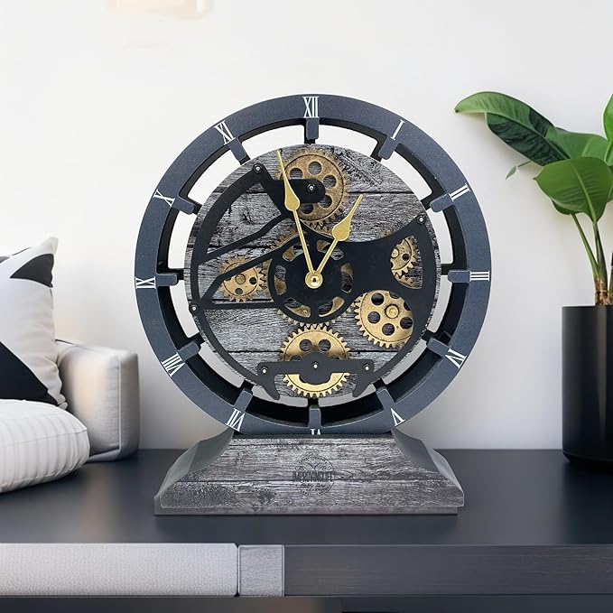 ImprovingLife The Gears Clock Desk Clock 10 inches with Real Moving Gears Convertible into Wall Clock (Carbon Grey)