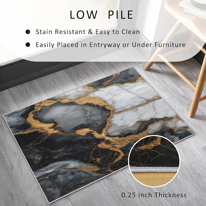 Black White Gold Marble Area Rug, Modern Abstract Pattern Carpet, Washable Non Slip Low Pile Soft Thin, Living Room Bedroom Home Decor Mat 5x6ft