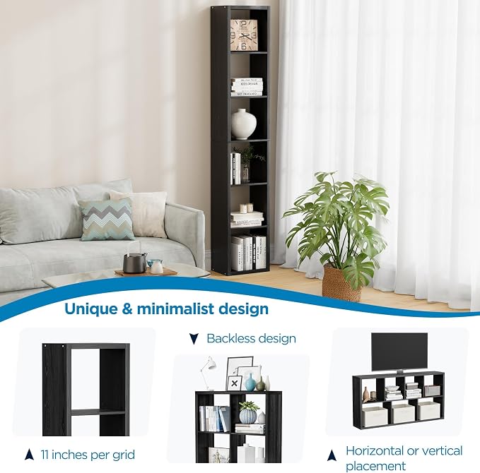 6 Cube Storage Organizer Single Row, Cube Shelf with Heavy-Duty Thick Boards, 13.31" L x 9.37" W x 72.36" H, Smooth Easy-Clean Panels, Simple Assembly, for Living Room Bedroom Office, Black