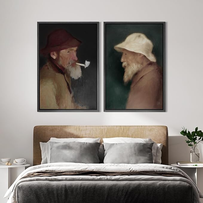 IDEA4WALL Framed Canvas Print Wall Art Set Vintage Old Fishermen Portrait Rustic Illustrations Modern Art Decorative Bohemian Calm/Zen for Living Room, Bedroom, Office - 24"x36"x2 Black