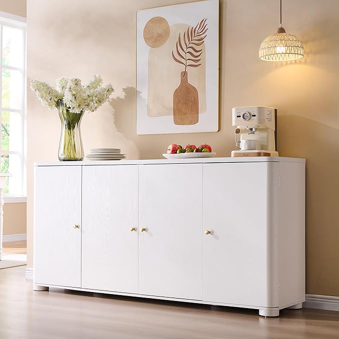 Curved Buffet Cabinet with Doors, 66" Large Sideboard Buffet Storage Cabinet with 4 Doors and Shleves, Modern Coffee Bar Station Wood Kitchen Table for Kitchen, Dining Room, White