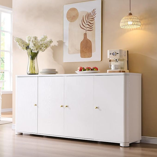 Curved Buffet Cabinet with Doors, 66" Large Sideboard Buffet Storage Cabinet with 4 Doors and Shleves, Modern Coffee Bar Station Wood Kitchen Table for Kitchen, Dining Room, White