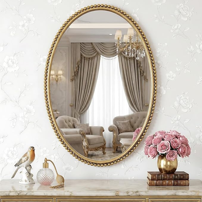Uniclinens Gold Oval Beaded Mirror Decor - Large Decorative Vintage Oval Mirror for Wall Decor 24"X36" with Metal Frame, Ideal for Entryway, Fireplace, Living Room, Hallway, Bathroom