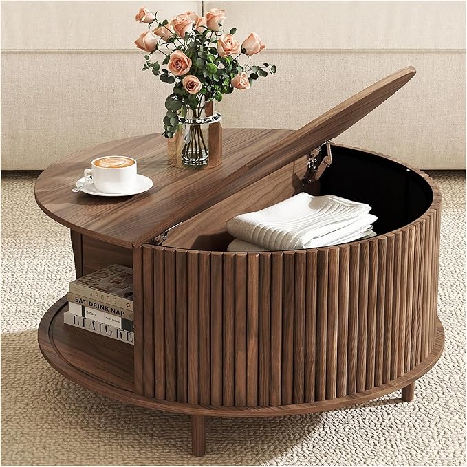 Round Coffee Table with Storage, 31.5" Walnut Wood Drum Table, Fluted Circle Center Table for Living Room, Modern Mid Century Furniture with Sliding Door