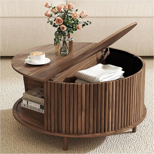 Round Coffee Table with Storage, 31.5" Walnut Wood Drum Table, Fluted Circle Center Table for Living Room, Modern Mid Century Furniture with Sliding Door