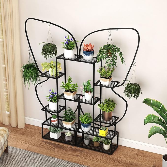 Giantex 2 Pack 6-Tier Plant Stand Indoor, Butterfly-Shaped Metal 73” Tall Ladder Plant Shelf w/ 4 Hanging Hooks, Outdoor Flowerpot Display Rack for Multiple Plants Living Room Balcony Patio Garden