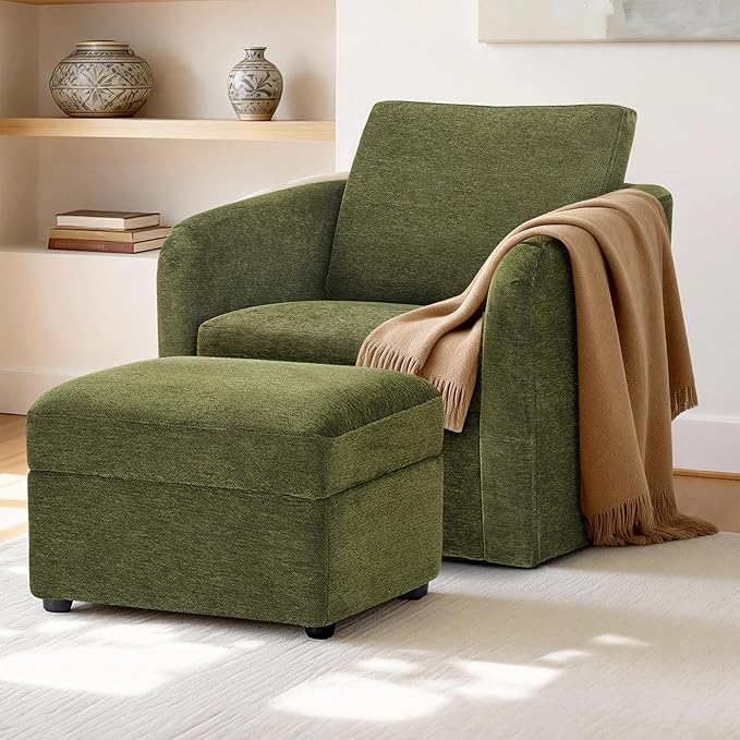Swivel Accent Chair with Storage Ottoman, Upholstered Barrel Chair with Washable Slipcover for Living Room Bedroom Reading Waitingroom,2 Box,Green