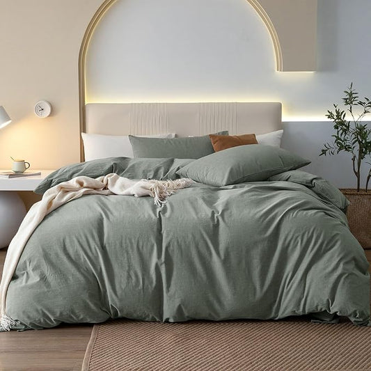 JIYUAN 100% Washed Cotton Duvet Cover Set 3 Pieces Queen, 1 Duvet Cover 90x90 Inches(Comforter Not Included) and 2 Pillowcases,Linen Feel Bedding Set Comfy and Breathable, Heathered Green