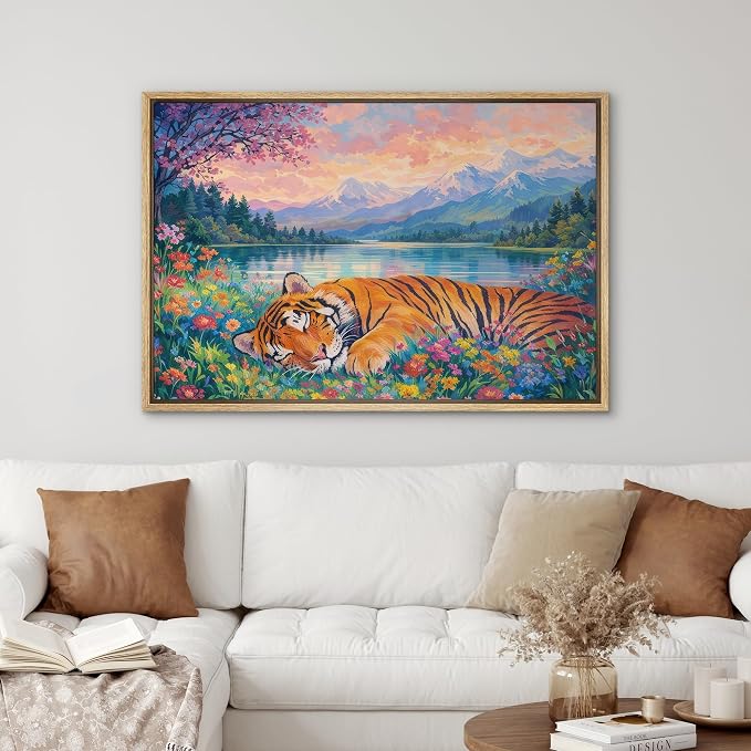 SIGNWIN Framed Canvas Print Wall Art Sleeping Tiger by Mountain Lake Wildflower Landscape Rustic Landscape Relax/Calm for Living Room, Bedroom, Office - 16"x24" Natural