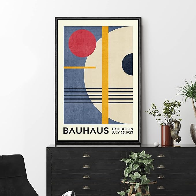 MUDECOR Framed Canvas Print Wall Art Red & Blue Bauhaus Geometric Display Abstract Shapes Illustrations Fine Art Mid-Century Modern Multicolor for Living Room, Bedroom, Office - 24"x36" Black
