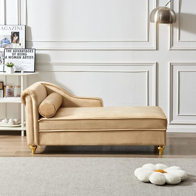 60.6''Velvet Chaise Lounge Indoor, Modern Velvet Lounge Chair with Left Armrest & Lumbar Pillow,Button Tufted Lounge Sofa with Storage for Bedroom, Living Room and Office，Khaki