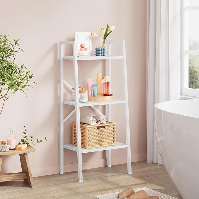 Hoctieon 3-Tier Industrial Ladder Bookshelf, Narrow Ladder Shelf, Tall Standing Bookshelf, Skinny Open Ladder Shelf, for Living Room, Home Office, Kitchen, Bedroom, Metal Frame, White