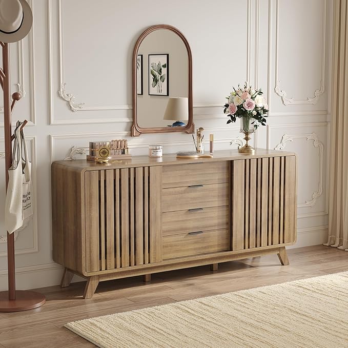 ONBRILL Sideboard Buffet Cabinet with Storage, Fluted Buffet Cabinet with Sliding Doors & 4 Drawers, Mid Century Modern Coffee Bar Wine Bar Credenza for Living Room, Kitchen (Natural Oak)
