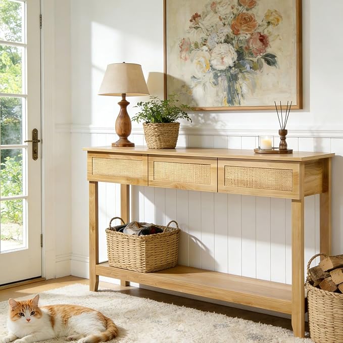 Karl home Console Table, Rattan Entryway Table with Storage Narrow Long, w/3 Drawers & Storage Shelf, Sofa Table Foyer Hallway Behind Couch Table for Living Room, Natural Wood