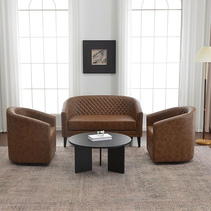 KINWELL 50" Faux Leather Loveseat Sofa with 2 Swivel Barrel Chairs, Coffee | couch chair set