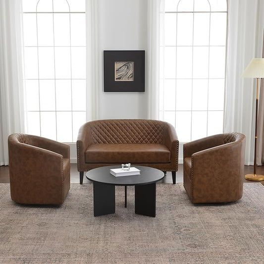 KINWELL 50" Faux Leather Loveseat Sofa with 2 Swivel Barrel Chairs, Coffee | couch chair set