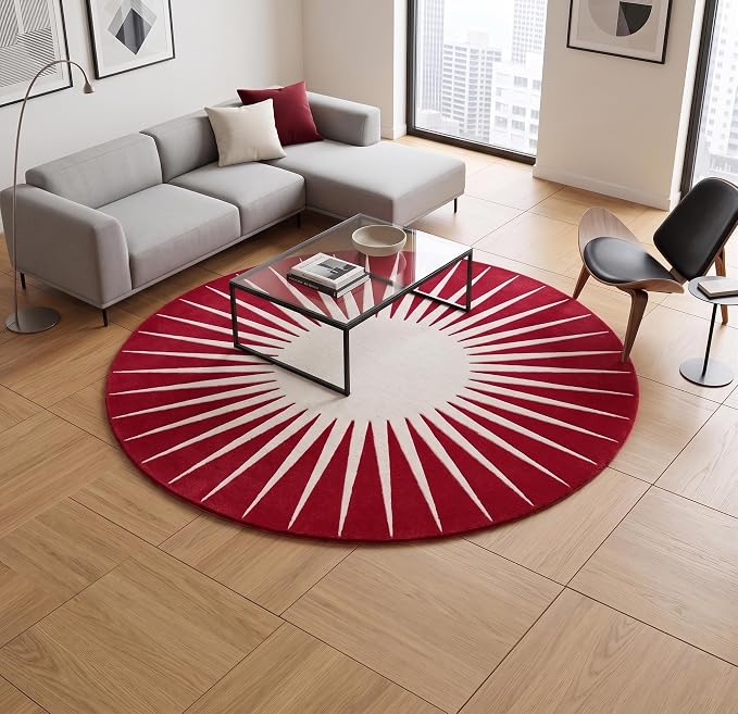 Restoration and Renovation Modern Round Area Rug – Hand-Tufted with 100% NZ Wool, Thick & Soft Circular Carpet for Living Room, Bedroom & Dining Room Decor (Red, 7' Round)