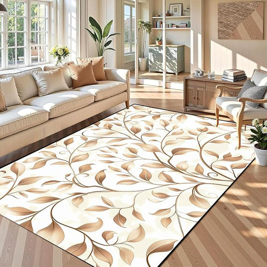 Botanical Leaf Vine Area Rug Beige Floral Branch Print Rug for Bedroom Living Room Kitchen Nursery Playroom Home Decor Non-Slip Washable Floor Mat Modern Farmhouse Carpet,6'x9'