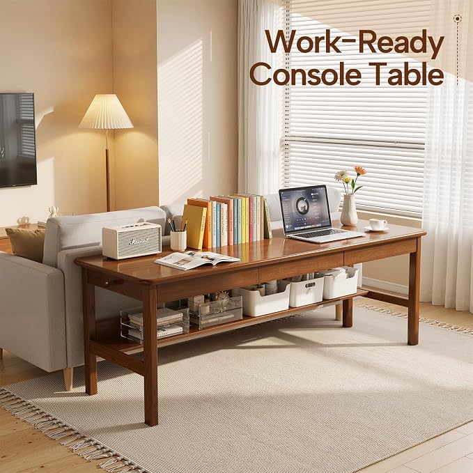 63" Long Solid Wood Writing Desk with 3 Drawers, Mid-Century Modern Desk, Home Office Computer Desk with Storage Shelf, Simple Simple Study Table, Work Desk Station (Walnut, 63" x 23.6" x 29.5")