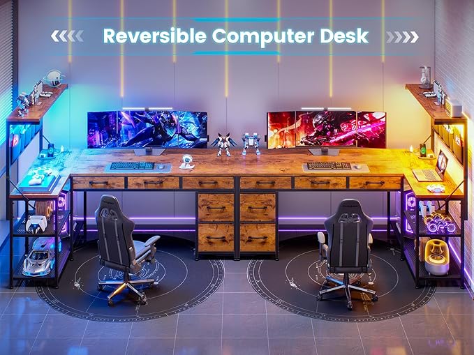 SEDETA L Shaped Desk with Drawers and Hutch, 47.2" Reversible Office Computer Desk with 5 Fabric Drawers, L Shaped Desk with Storage Shelves, Power Outlet and LED Lights for Home Office, Rustic Brown