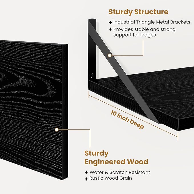 Deep Floating Shelves,16" Wx10 D Floating Shelves for Wall Set of 2,Heavy Duty Wood Floating Shelf with Metal Bracket,Wall Mounted Hanging Shelf for Living Room Bedroom Bathroom Kitchen,Black