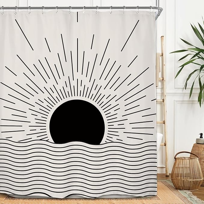 Miyotaa Black Sun Minimalist Shower Curtain Set 60Wx71H Inches Sunrise Sunset Mid Century Vintage Aesthetic Retro Modern Polyester Waterproof Cloth Bathroom Curtain with 12 Hooks