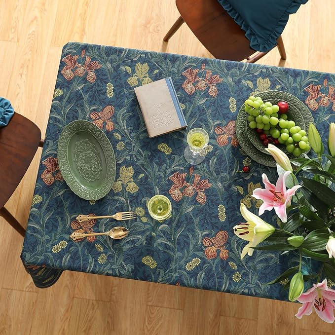 patdrea Designer Vintage Dark Blue Linen Square Tablecloth,French Rustic Floral Pattern Tablecloths,Decorative Table Cover Cloth for Kitchen,Dining,Tea Party,Home,Christmas,55"*55"
