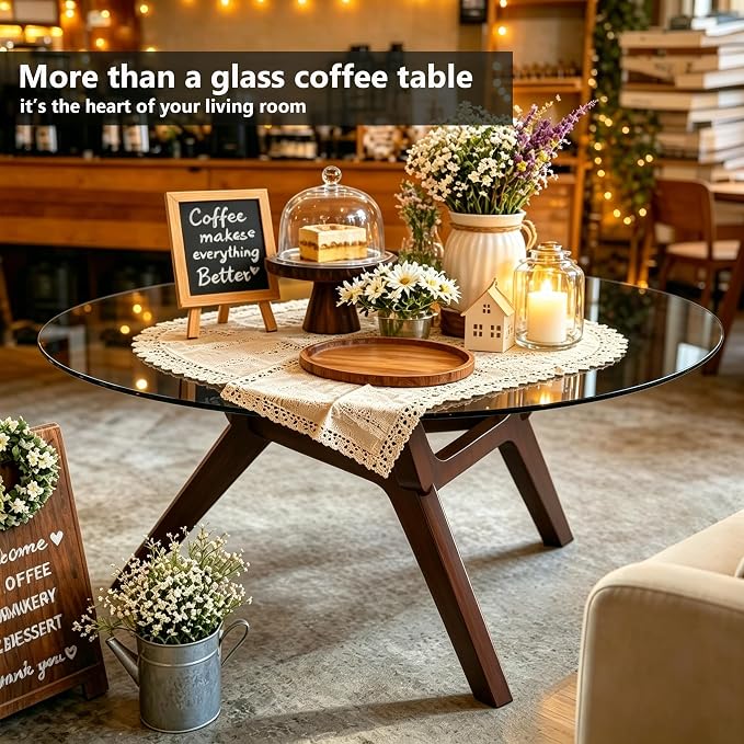 Glass Coffee Table - Round Coffee Table with Clear Tempered Glass Top, Modern Low Minimalist Center Table, Sturdy Solid Wood Coffee Table for Living Room Home Office, Walnut