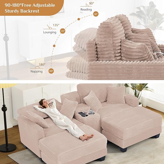 Oversized Chaise Lounge Chair Indoor with Storage & USB, Cup Holder & Ottoman, Firm Solid Wood Frame with Long Service Life Corduroy Oversized Lounge Reading Chair for Large Study Room - Pink