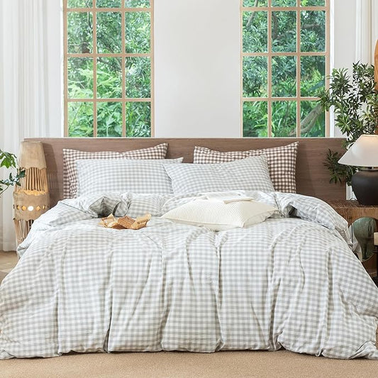 MooMee Gingham Duvet Cover Set 100% Washed Cotton Linen Like Textured Breathable Durable Soft Comfy Modern Checkered Design (Northern Droplet Grey Gingham, Super Queen 90"x98")