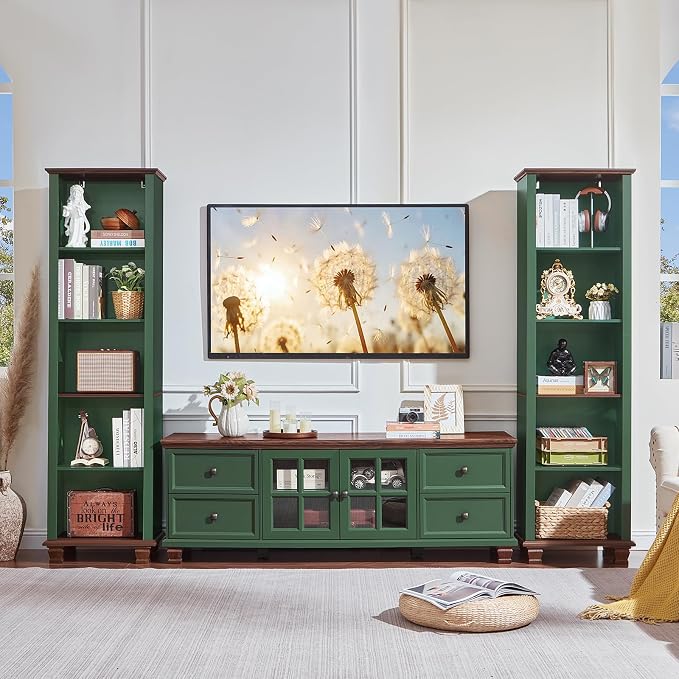 SAVOR LIFE 70" Tall Narrow Book Shelf, Wood Skinny Bookshelf with Adjustable Shelves & Wooden Legs, Farmhouse Bookcase w/5-Tier Storage, Free Standing Bookshlves for Office, Living Room, Green, 2PCS