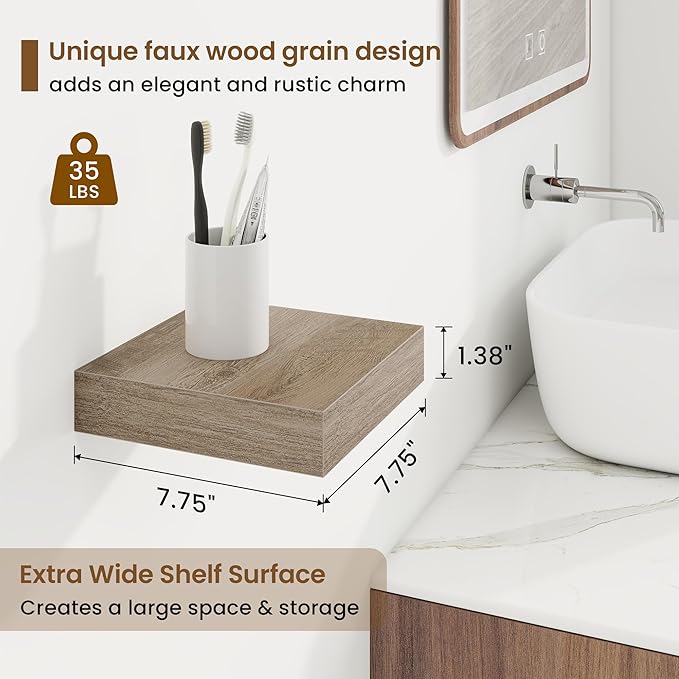 Marsmiles Square Floating Shelves for Wall, 8" W x 8" D x 1.25" H, 3 Pack Small Wall Mounted Engineered Wood Shelves with Invisible Brackets for Living Room, Bedroom, Bathroom, Kitchen Decor, Grey