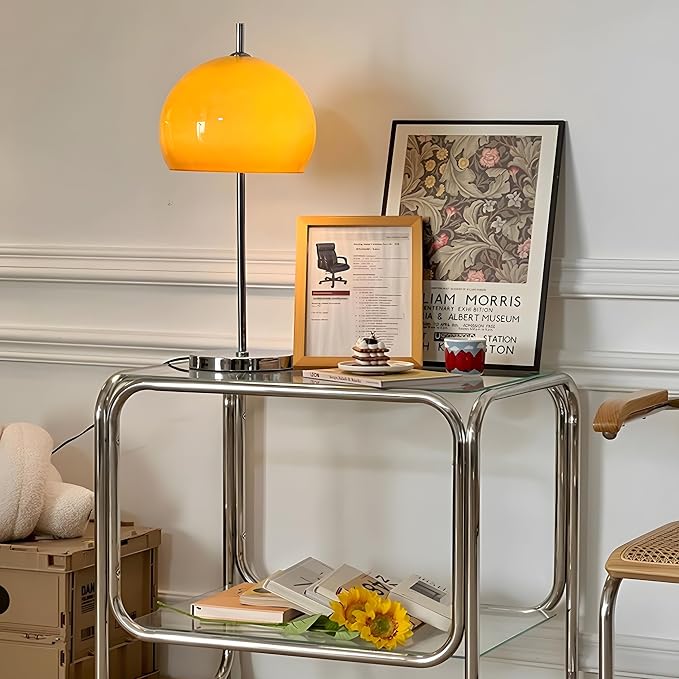Bofea-Mid Century Modern Glass Table Lamps,Mushroom Desk Lamp with Orange Dome Glass Shade,Chromium Color Mushroom Lamp for Room Aesthetic Modern Lighting for Bedroom/Living Room.