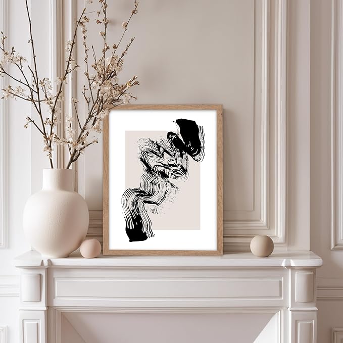 Poster Master Brush Waves Poster - Black Brush Wave Stroke Print - Abstract Design - Drawing Artwork - Mid Century Modern Art - Minimal Design - Living Room or Bedroom Wall Decor - 8x10 Beige Framed