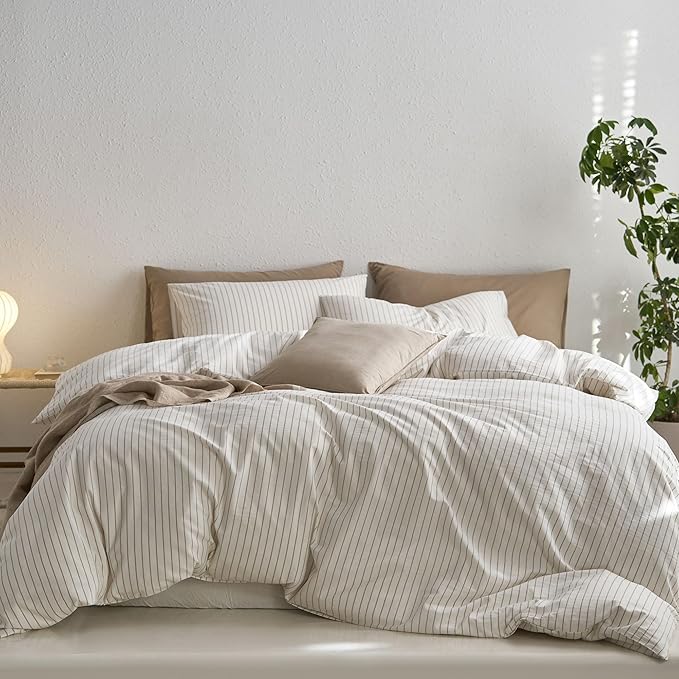 MooMee Striped Duvet Cover Set 100% Washed Cotton Linen Like Textured Breathable Durable Soft Comfy (White Tannish Linen Grey Wide Stripes, Palatial King/Oversized King 120"x98")