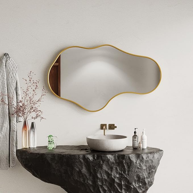 Irregular Wall Mirror - Gold Wall Mirrors Decorative 24"x 40" Wavy Asymmetrical Abstract Mirror Aviation Aluminum Alloy Frame Unique for Vanity, Entryway, Bathroom, Bedroom, Living Room, Cloakroom