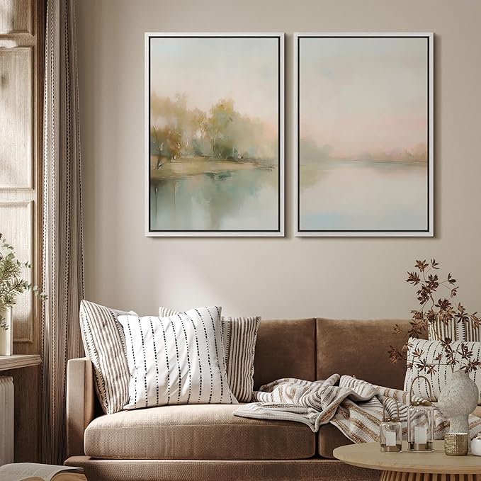 MUDECOR Framed Canvas Print Wall Art Tranquil Reflection Serene River Landscape Illustrations Modern Art Decorative Bohemian Chic for Living Room, Bedroom, Office - 24"x36"x2 White