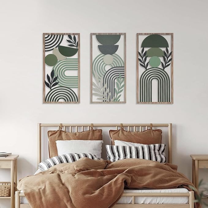 Modern Geometric Wood Wall Art Set of 3, Boho Abstract Mid Century Wall Decor Panels, Green and Black Hanging Decoration for Living Room Bedroom Bathroom Home Office (Modern Minimalist - 11.8 x 5.9 inch)