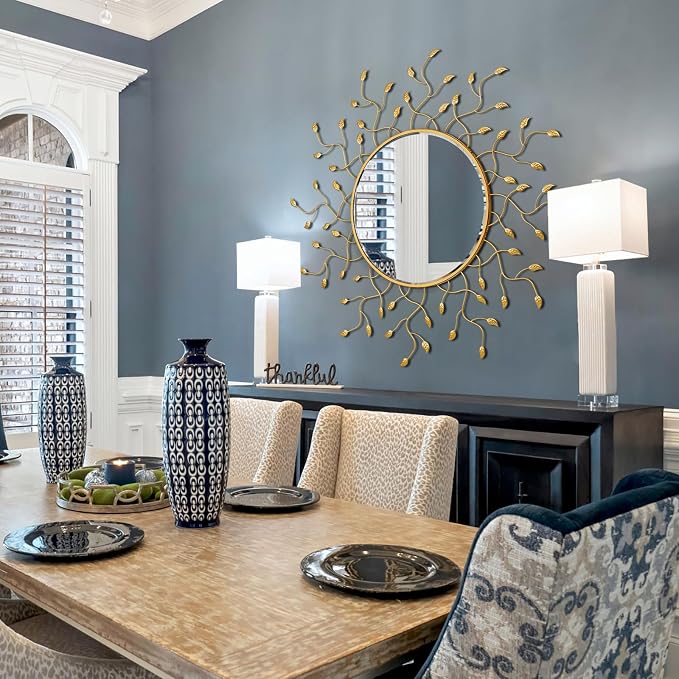 Chende 47" x 47" Large Round Decorative Mirror, Living Room Wall Mirror with Metal Leaves, Gold Mirror Wall Decor with Frame for Hallway, Dining Room, Bedroom